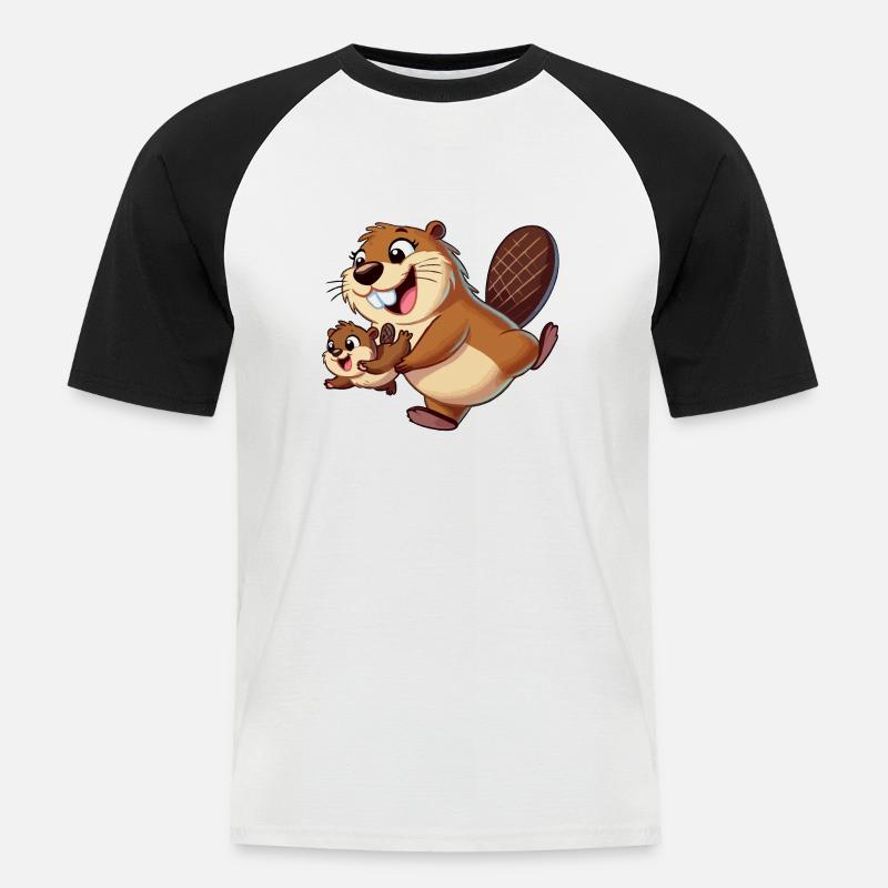 Bibermutter mit herumtollendem Kind - Männer Baseball-T-Shirt - Weiß/Schwarz