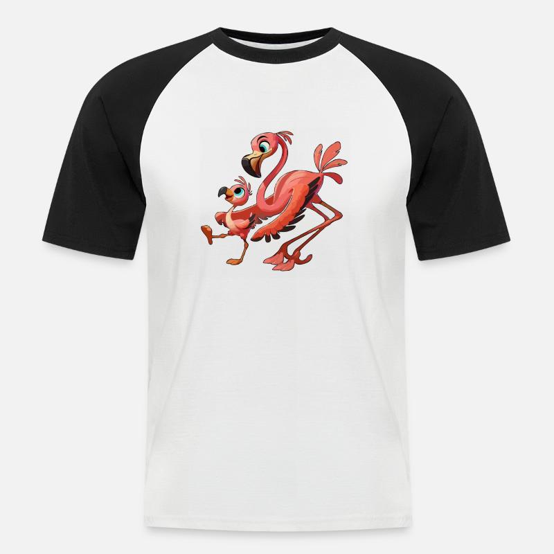 Flamingo-Mutter mit herumtollendem Kind - Männer Baseball-T-Shirt - Weiß/Schwarz