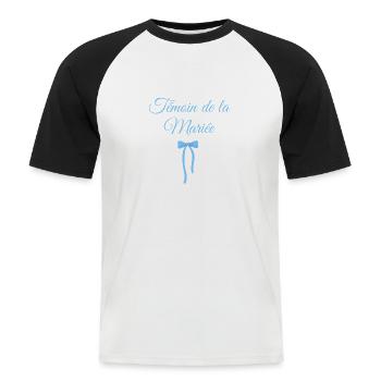 Témoin de la mariée noeud bleu - T-shirt baseball manches courtes Homme - blanc/noir - Devant - Nik (191cm)