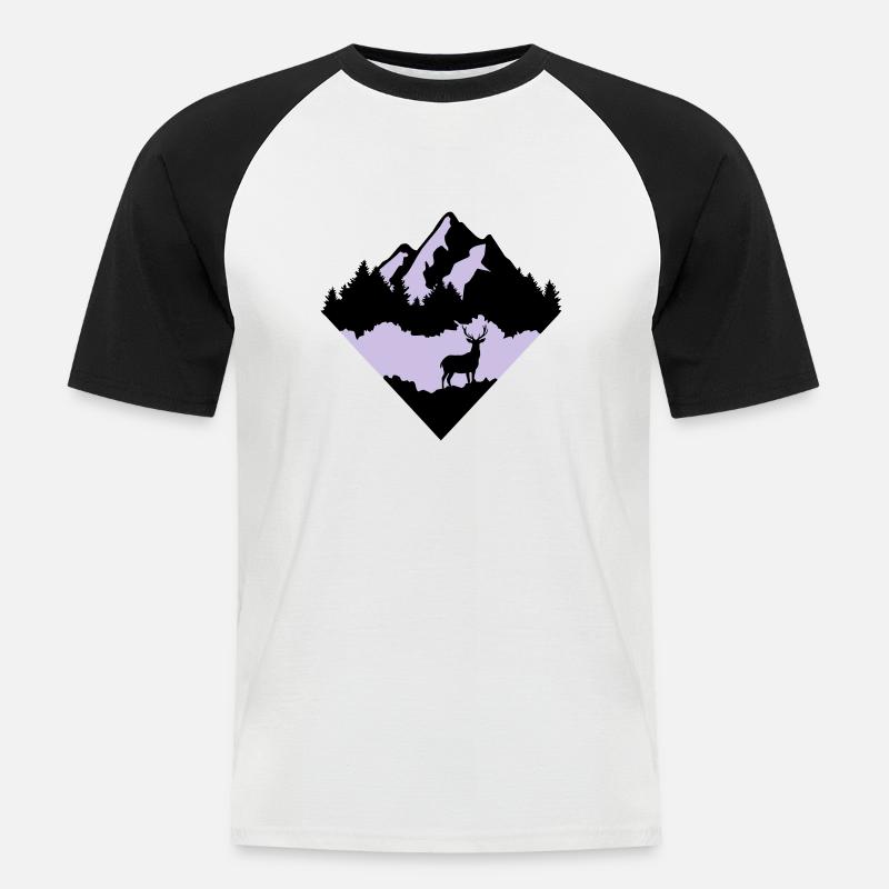 Hirsch, Wald und Berg - Männer Baseball-T-Shirt - Weiß/Schwarz
