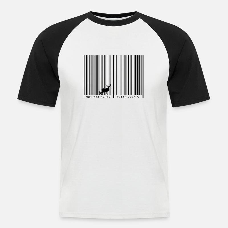 Barcode als Wald mit Hirsch - Männer Baseball-T-Shirt - Weiß/Schwarz