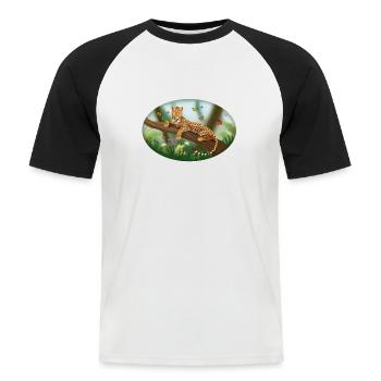 Léopard dans la nature sur l’arbre - T-shirt baseball manches courtes Homme - blanc/noir - Devant - Nik (191cm)