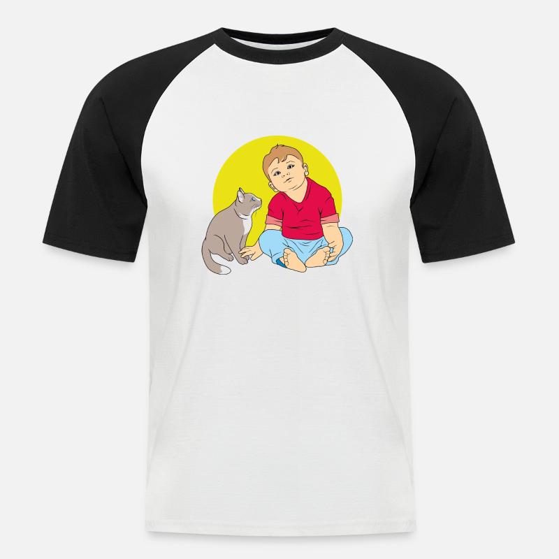 Junge spricht mit Katze - Männer Baseball-T-Shirt - Weiß/Schwarz