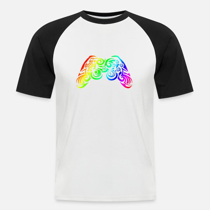 Controller Regenbogen Tribal Tattoo Gaming - Männer Baseball-T-Shirt - Weiß/Schwarz