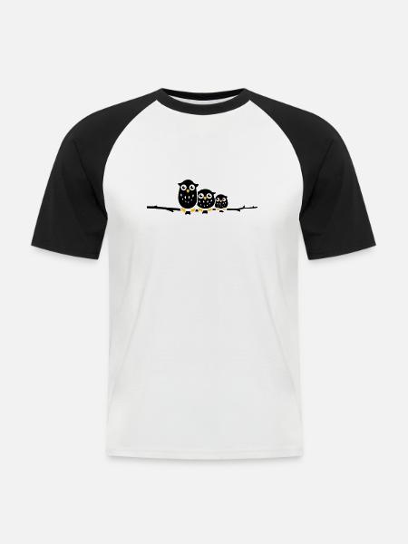 three owls on a branch - Men's Baseball T-Shirt - white/black