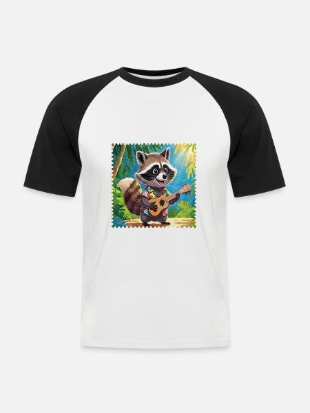 Waschbär mit Ukulele 2 - Männer Baseball-T-Shirt - Weiß/Schwarz