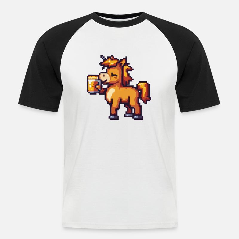 Pferd Pixel Bier - Männer Baseball-T-Shirt - Weiß/Schwarz