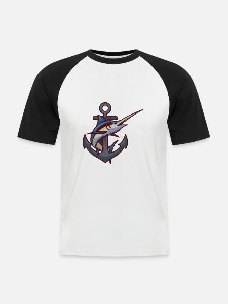 Verankerter Fisch - Männer Baseball-T-Shirt - Weiß/Schwarz