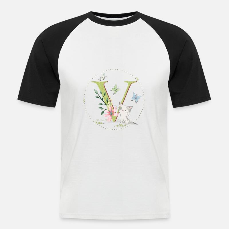 Anfangsbuchstabe V mit Katze - Männer Baseball-T-Shirt - Weiß/Schwarz