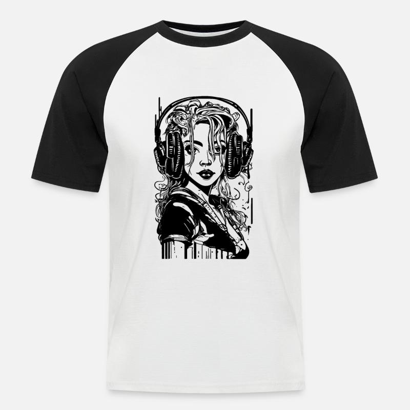 Cooles Mädchen mit großen Kopfhörern - Männer Baseball-T-Shirt - Weiß/Schwarz