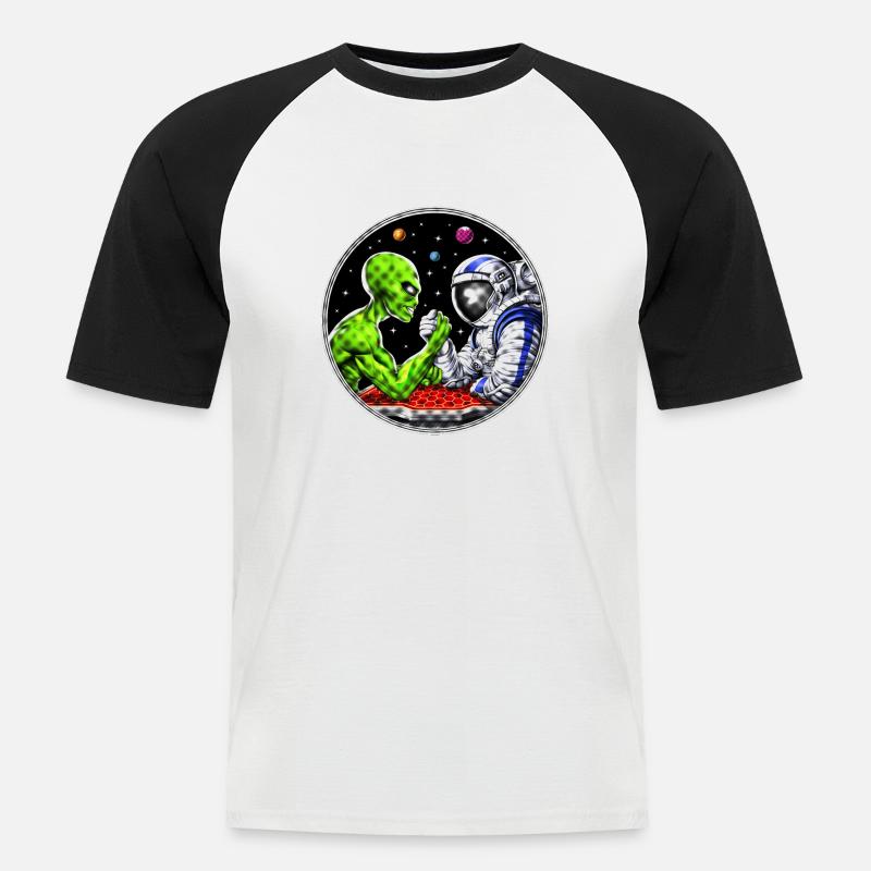 Außerirdischer Astronaut Armdrücken - Männer Baseball-T-Shirt - Weiß/Schwarz