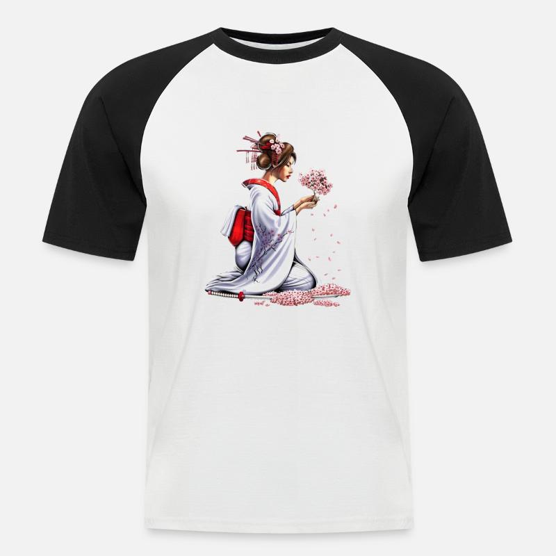 Ragazza samurai giapponese - Maglia da baseball a manica corta da uomo - bianco/nero