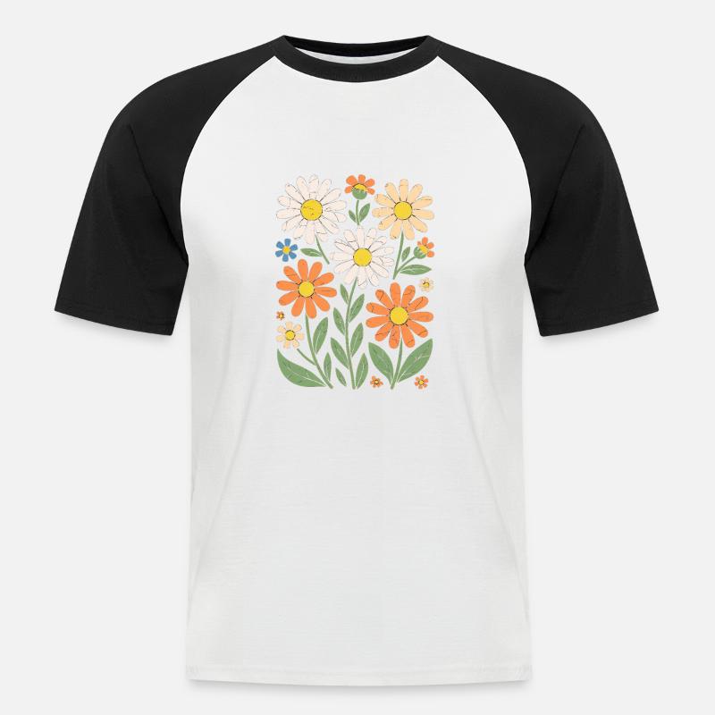 Boho Retro Gänseblümchen Muster Retro - Männer Baseball-T-Shirt - Weiß/Schwarz