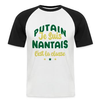 Je suis nantais c'est la classe - T-shirt baseball manches courtes Homme - blanc/noir - Devant - Nik (191cm)