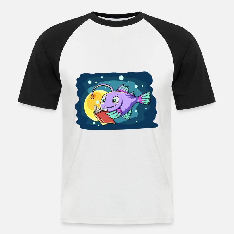 Laternenfisch Liest ein Buch - Männer Baseball-T-Shirt - Weiß/Schwarz