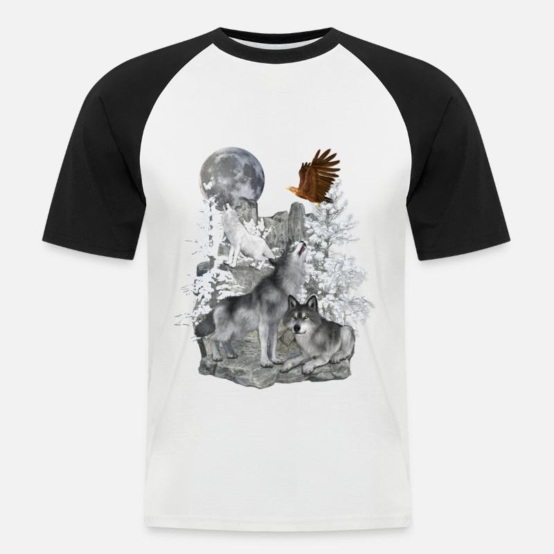 Wolves,Winter, Eagle, Moon - Men's Baseball T-Shirt - white/black