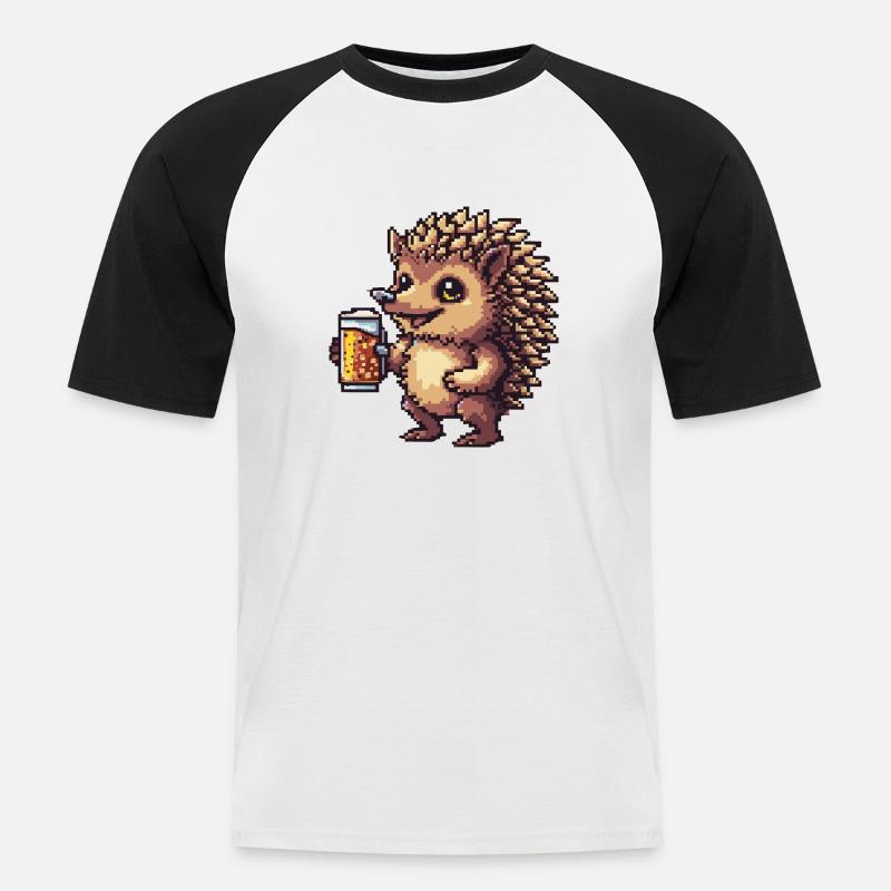 Igel Pixel Bier - Männer Baseball-T-Shirt - Weiß/Schwarz