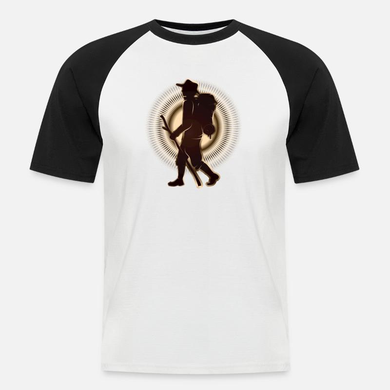 Pilger oder Wanderer mit Wanderstab & Rucksack - Männer Baseball-T-Shirt - Weiß/Schwarz