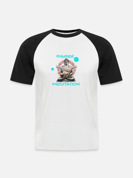 Höheres Meditation-Buddha mit Blumen - Männer Baseball-T-Shirt - Weiß/Schwarz