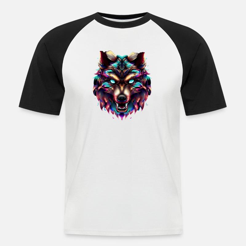 Wolfskopf Synthwave Wolf - Männer Baseball-T-Shirt - Weiß/Schwarz