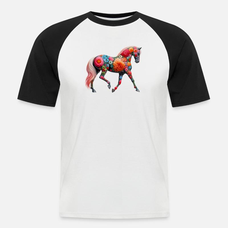 Pferd mit Blumen geschmückt - Männer Baseball-T-Shirt - Weiß/Schwarz