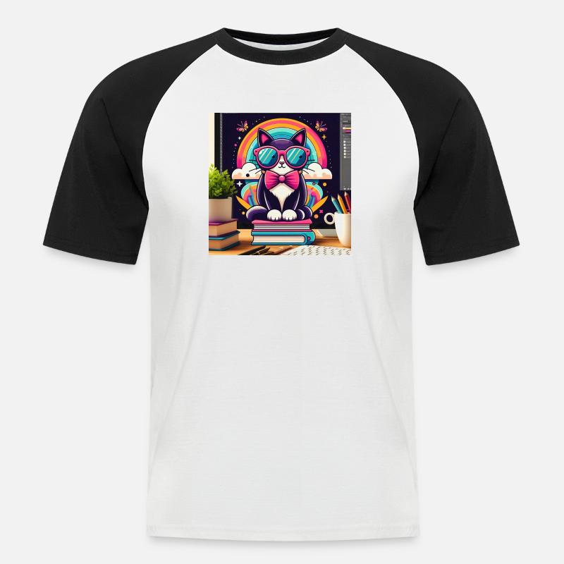 Studious cat with glasses - Men's Baseball T-Shirt - white/black