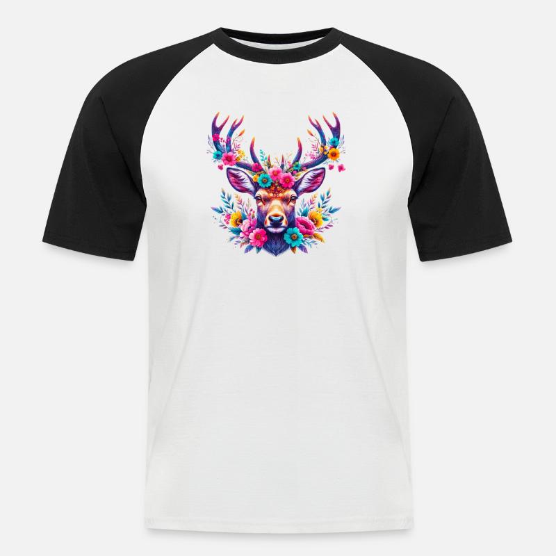 Hirsch mit Blumen geschmückt - Männer Baseball-T-Shirt - Weiß/Schwarz