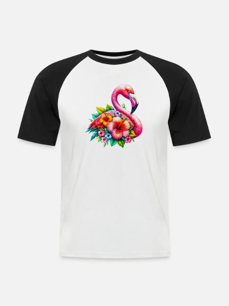 Flamingo verziert mit Hibiskusblüten - Männer Baseball-T-Shirt - Weiß/Schwarz