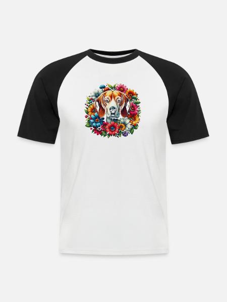 Süßer Beagle in bunten Blumen - Männer Baseball-T-Shirt - Weiß/Schwarz