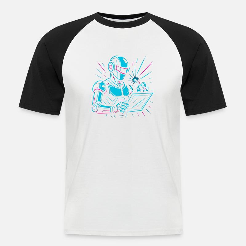 Roboter mit Laptop & Stift - Männer Baseball-T-Shirt - Weiß/Schwarz