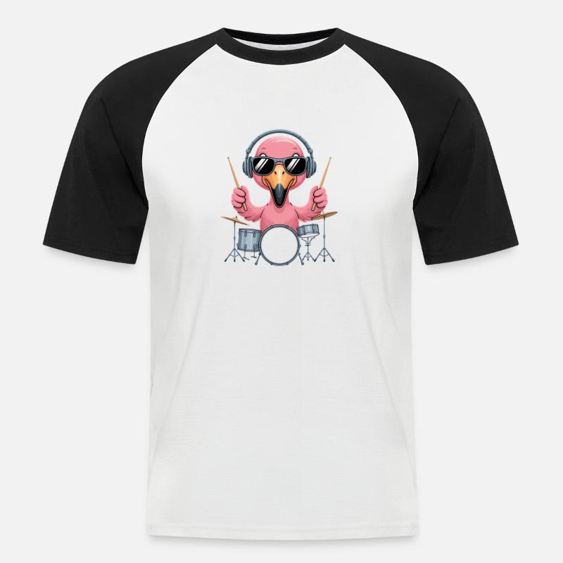 Flamingo Drummer Mit Kopfhörer Und Sonnenbrille - Männer Baseball-T-Shirt - Weiß/Schwarz