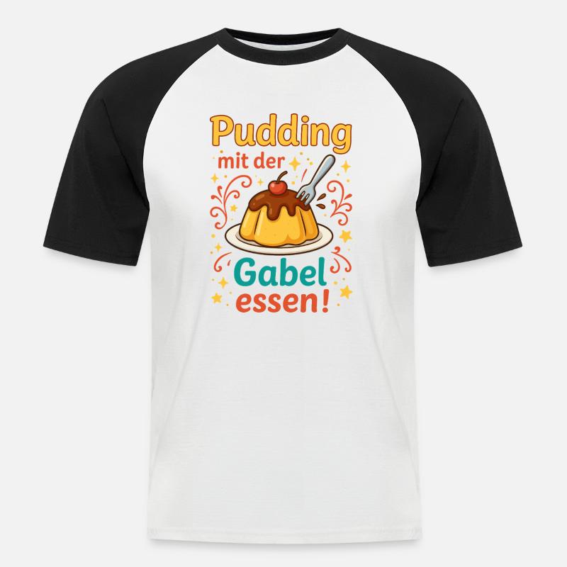 Pudding mit der Gabel Essen  - Männer Baseball-T-Shirt - Weiß/Schwarz