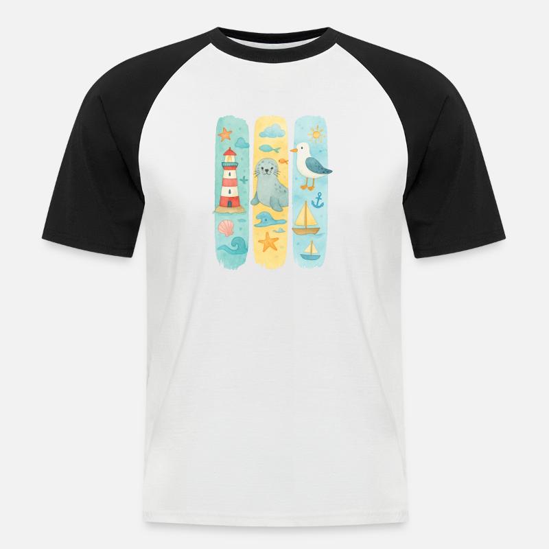 Maritim Leuchtturm Robbe Möwe Küste - Männer Baseball-T-Shirt - Weiß/Schwarz