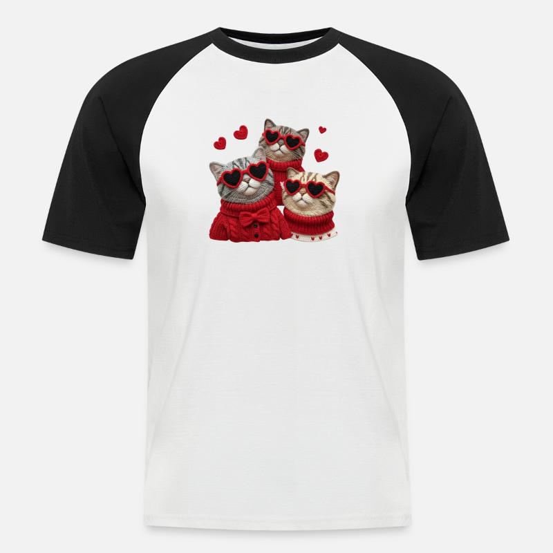 Valentins Katzen Mit Herzbrillen Und Pullis - Männer Baseball-T-Shirt - Weiß/Schwarz