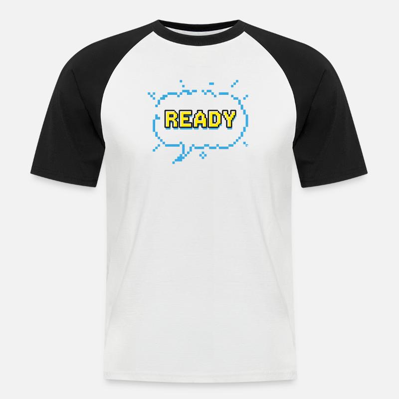 READY Schriftzug im Pixel Comic Look - Männer Baseball-T-Shirt - Weiß/Schwarz