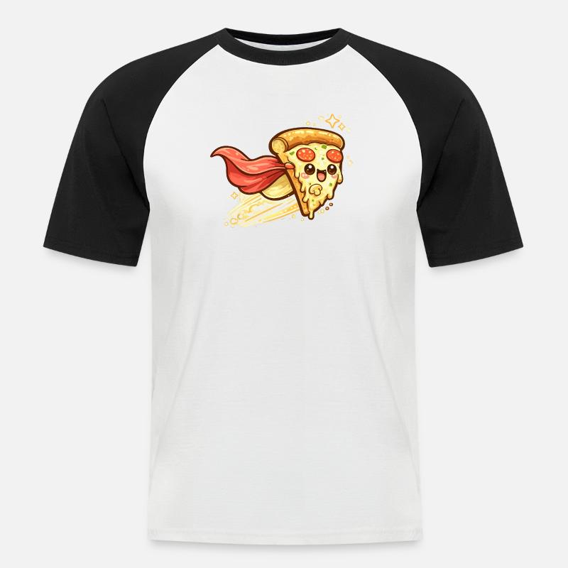 Pizzaheld mit Cape - Männer Baseball-T-Shirt - Weiß/Schwarz