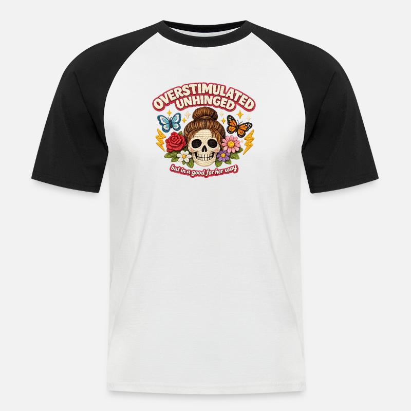 Überstimulierter Schädel mit Blumen Patch - Männer Baseball-T-Shirt - Weiß/Schwarz