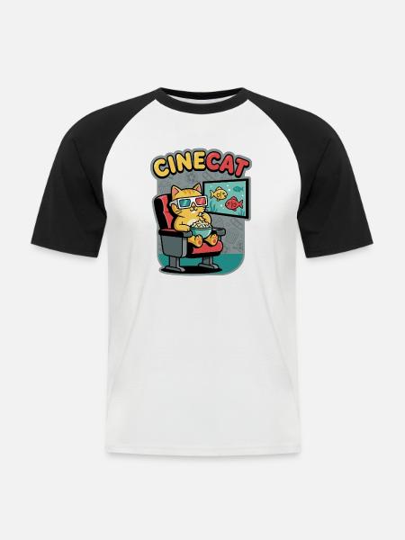 CineKat Kino-Katze Popcorn - Männer Baseball-T-Shirt - Weiß/Schwarz