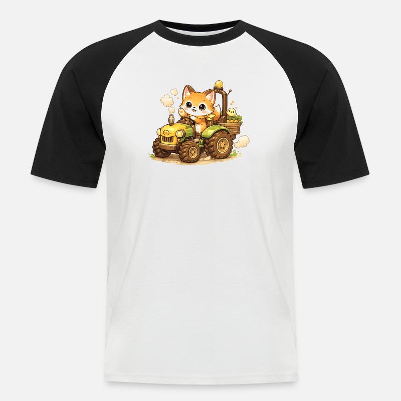 Fuchs auf dem Traktor - Männer Baseball-T-Shirt - Weiß/Schwarz