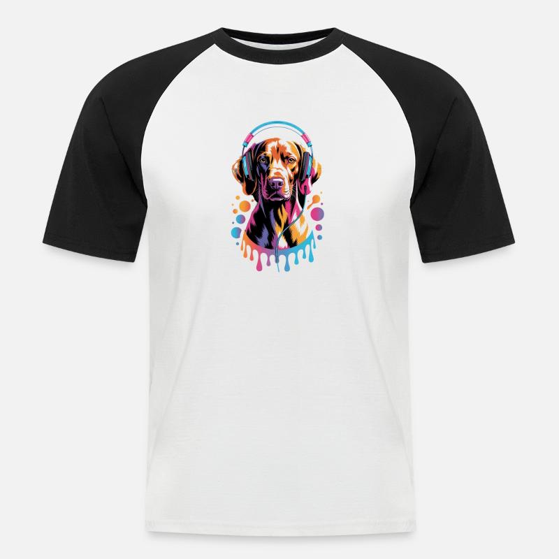 Viszla mit Kopfhörer - Männer Baseball-T-Shirt - Weiß/Schwarz