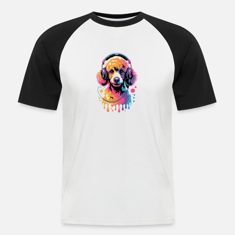 Pudel mit Kopfhörer - Männer Baseball-T-Shirt - Weiß/Schwarz