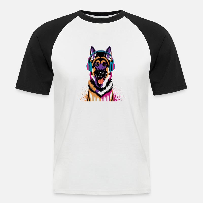 Deutscher Schäferhund mit Kopfhörer - Männer Baseball-T-Shirt - Weiß/Schwarz