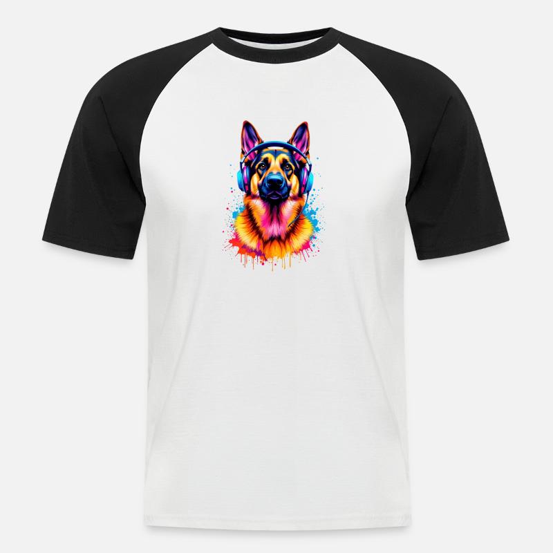Deutscher Schäferhund mit Kopfhörern - Männer Baseball-T-Shirt - Weiß/Schwarz