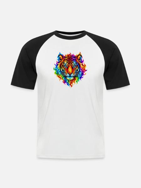 Regenbogentiger in Flammen - Männer Baseball-T-Shirt - Weiß/Schwarz