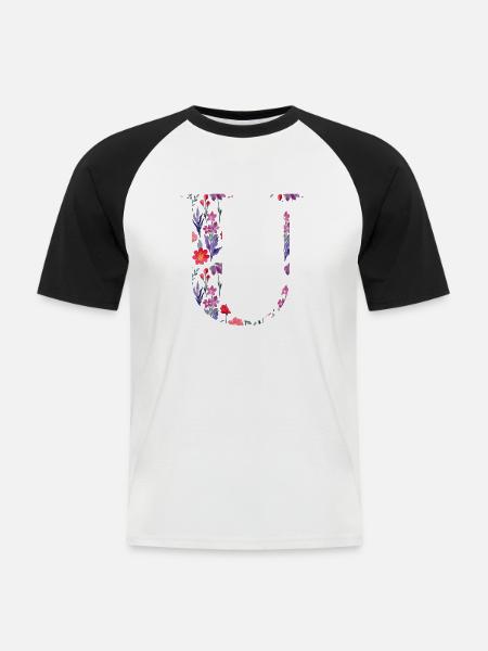 Blumen personalisierter U-Brief - Geschenkidee - Männer Baseball-T-Shirt - Weiß/Schwarz