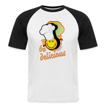 fröhliches Smiley mit großer Kochmütze - Männer Baseball-T-Shirt - Weiß/Schwarz - Vorne - Nik (191cm)