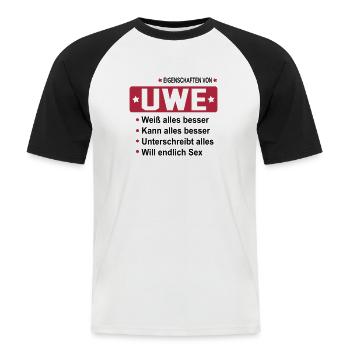 uwe - Männer Baseball-T-Shirt - Weiß/Schwarz - Vorne - Nik (191cm)