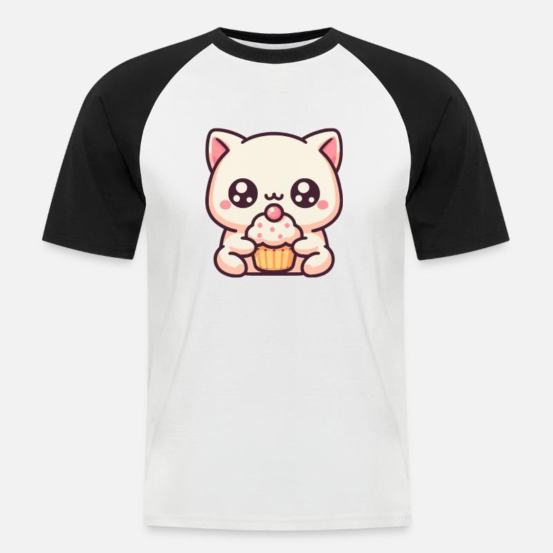 Süße Katze mit cupcake - Männer Baseball-T-Shirt - Weiß/Schwarz
