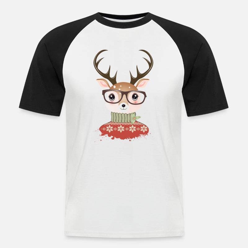 Hirsch mit Weihnachtspullover und Nerd Brille - Männer Baseball-T-Shirt - Weiß/Schwarz