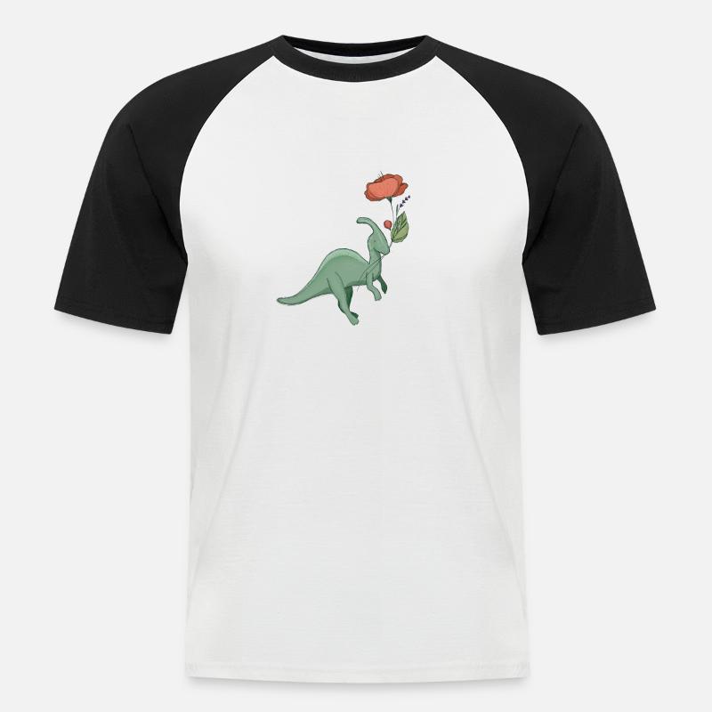 süßer Dinosaurier mit Blume - Männer Baseball-T-Shirt - Weiß/Schwarz